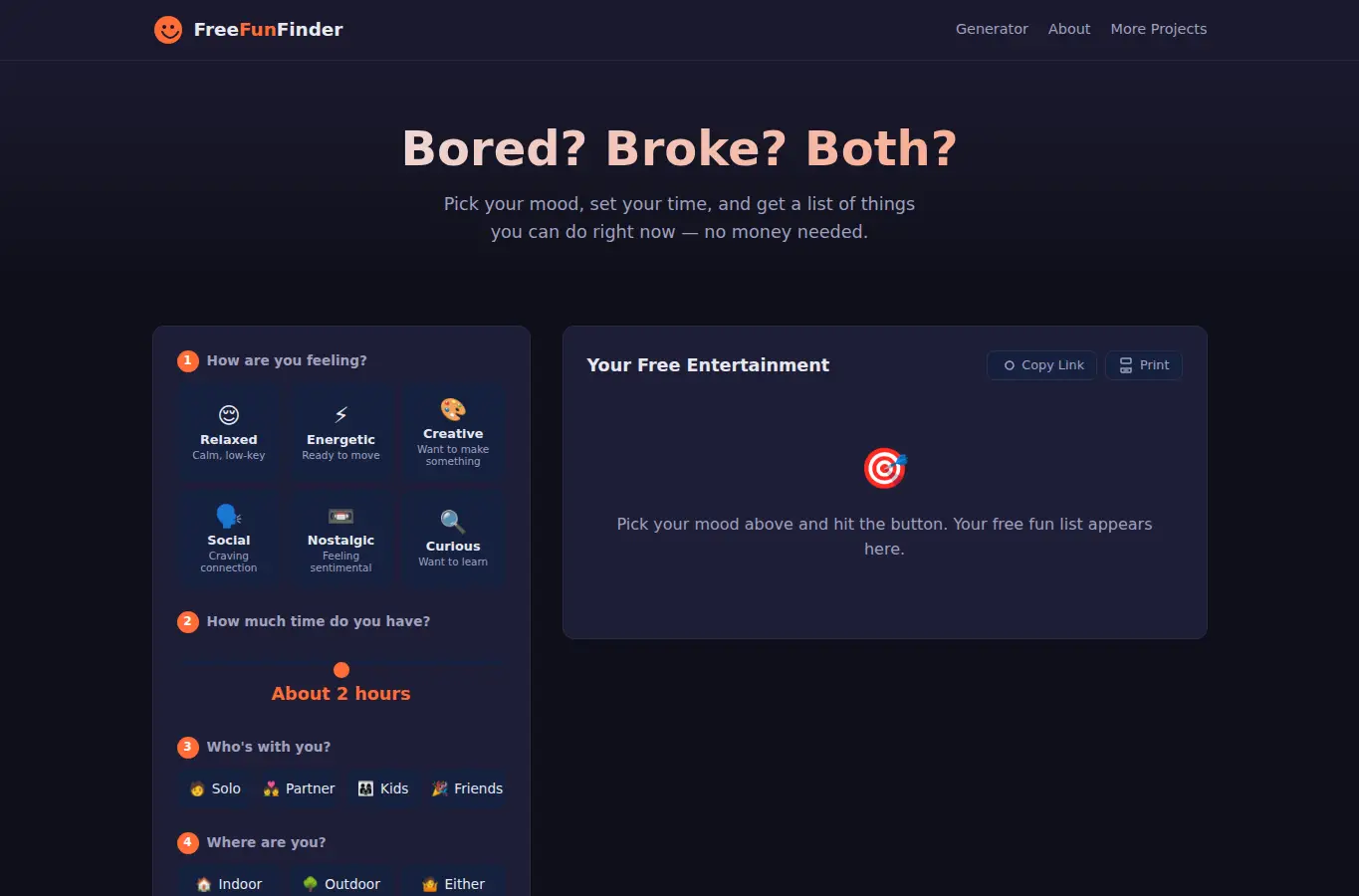 Screenshot of Free Entertainment Finder by Mood interface showing the project page in use